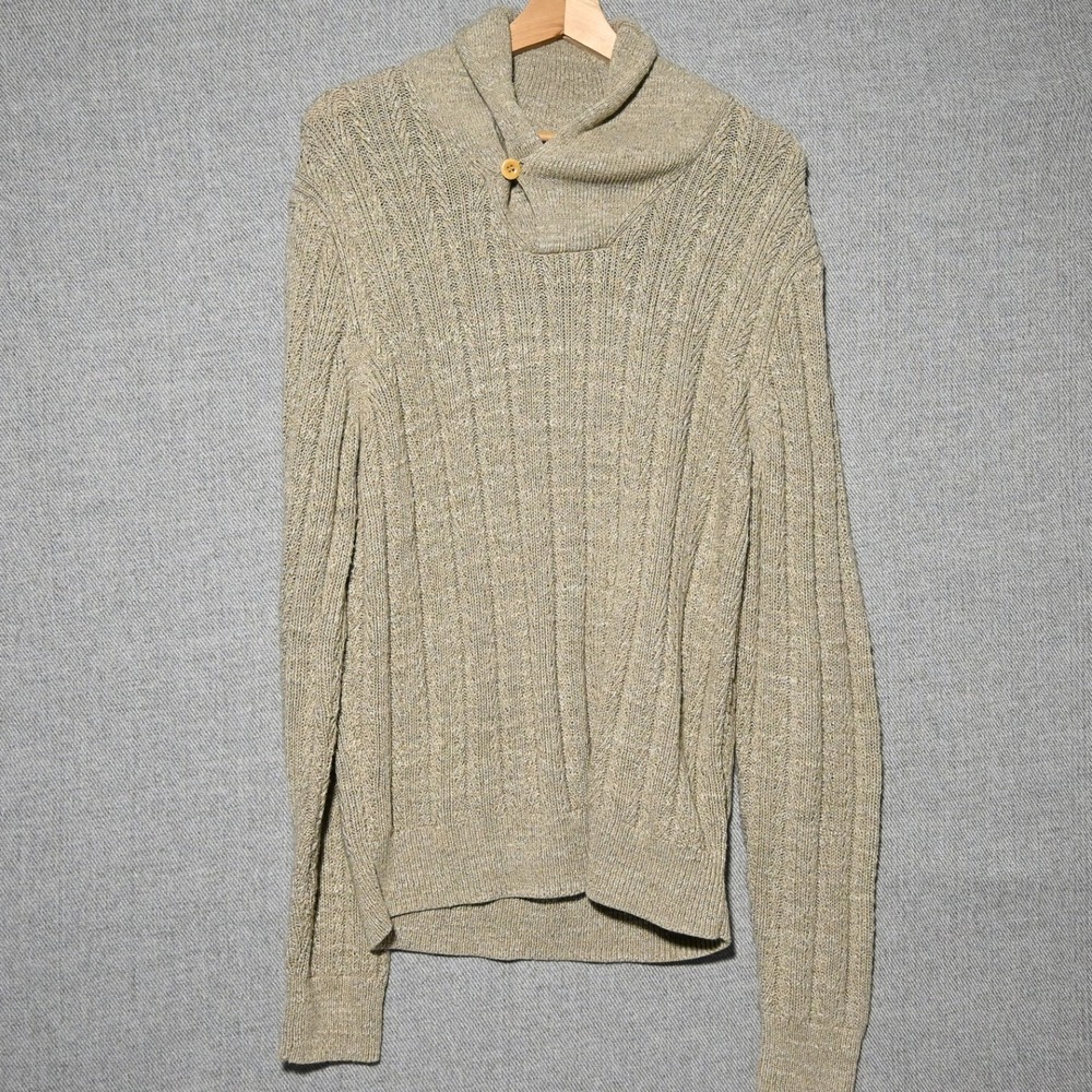 J. Crew Sweater Mens Shawl Collar Cable Knit Leather Elbow Patch M Oatmeal